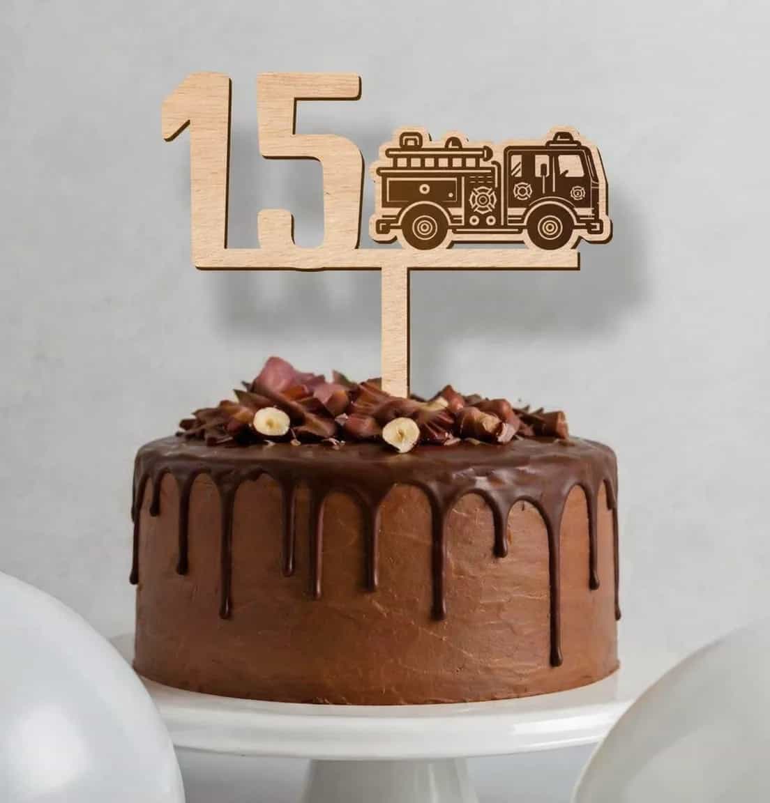Wooden Cake Topper – Birthday – Fire Engine (Firefighter)