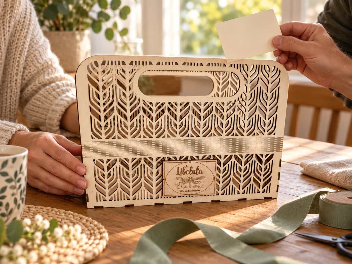 Geschenkkorb aus Holz – Federn