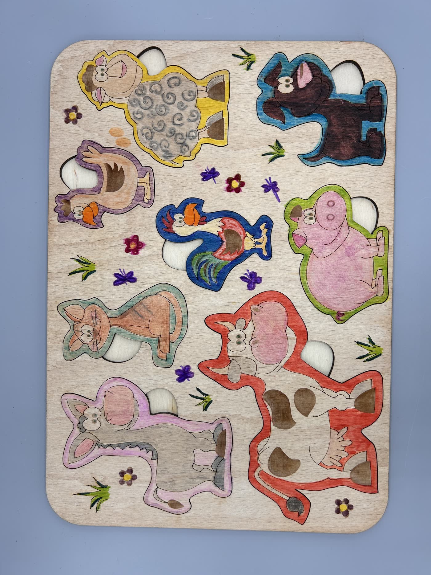 Wooden animal inset board with pieces coloured in by children